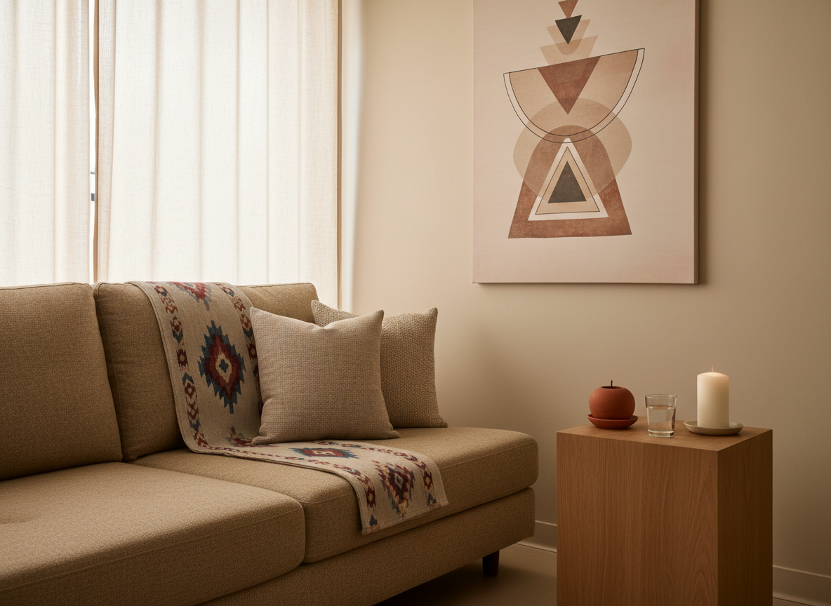 A contemporary therapy room featuring a low, earth-tone sofa draped with a handwoven indigenous-patterned blanket and accented by two textured, neutral cushions. Across from it stands a simple oak side table holding a clay incense holder, a small glass of clear water, and a single white candle unlit. The walls are painted a soft, warm beige, adorned only by one abstract artwork inspired by ancestral geometric motifs. Soft, overcast daylight filters through a sheer curtain, bathing the room in even, diffused light with minimal shadows. The atmosphere is safe, grounded, and welcoming, signaling trauma-informed care. Photographic realism at eye level with balanced composition and moderate depth of field, keeping the entire room in focus while maintaining a clean, professional, and healing aesthetic with no people present.
