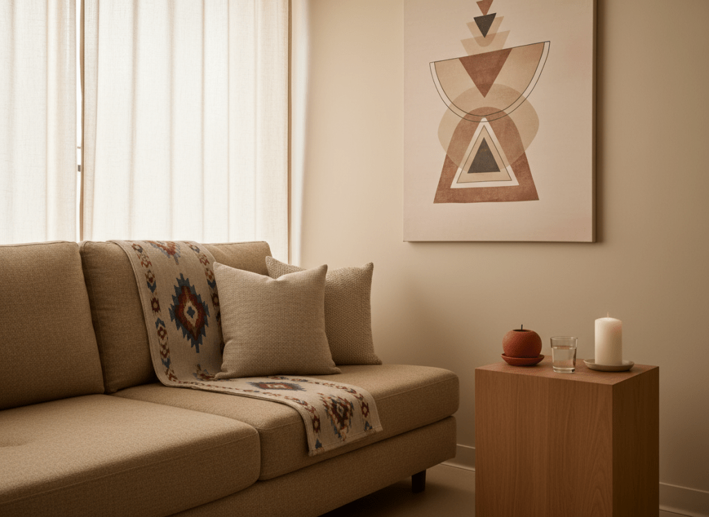 A contemporary therapy room featuring a low, earth-tone sofa draped with a handwoven indigenous-patterned blanket and accented by two textured, neutral cushions. Across from it stands a simple oak side table holding a clay incense holder, a small glass of clear water, and a single white candle unlit. The walls are painted a soft, warm beige, adorned only by one abstract artwork inspired by ancestral geometric motifs. Soft, overcast daylight filters through a sheer curtain, bathing the room in even, diffused light with minimal shadows. The atmosphere is safe, grounded, and welcoming, signaling trauma-informed care. Photographic realism at eye level with balanced composition and moderate depth of field, keeping the entire room in focus while maintaining a clean, professional, and healing aesthetic with no people present.